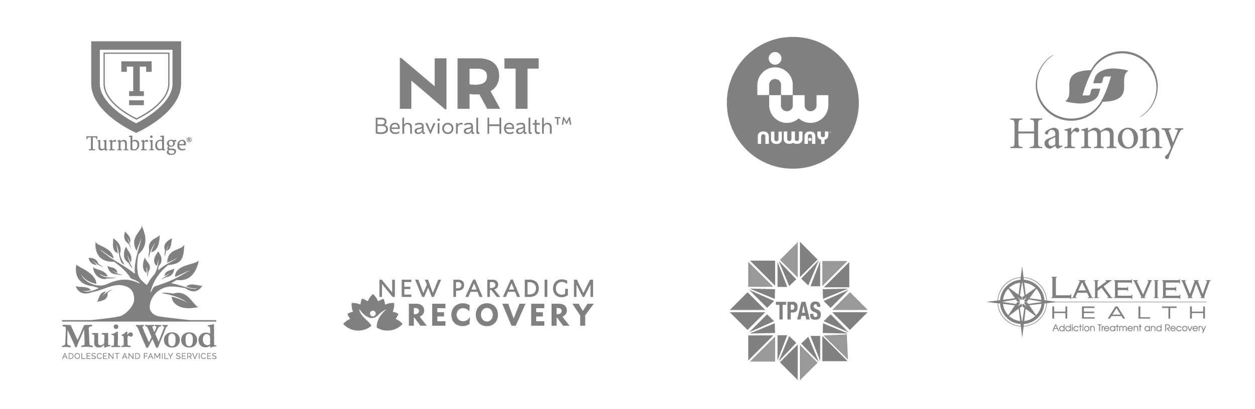 Client logos including Turnbridge, NRT Behavioral Health, NUWAY, Harmony, Muir Wood, New Paradigm Recovery, TPAS, and Lakeview Health